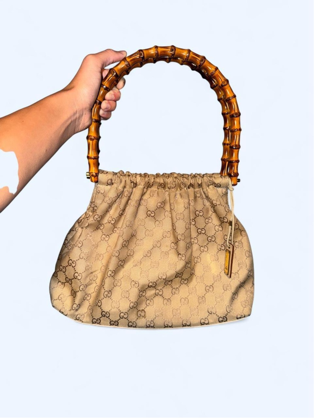 Gucci Beige Monogram Shoulder Bag with Bamboo Handle